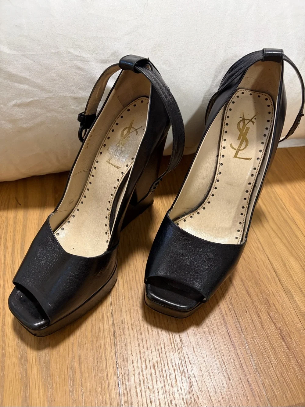 Yves Saint Laurent Black Leather Peep-Toe Ankle-Strap Wedges